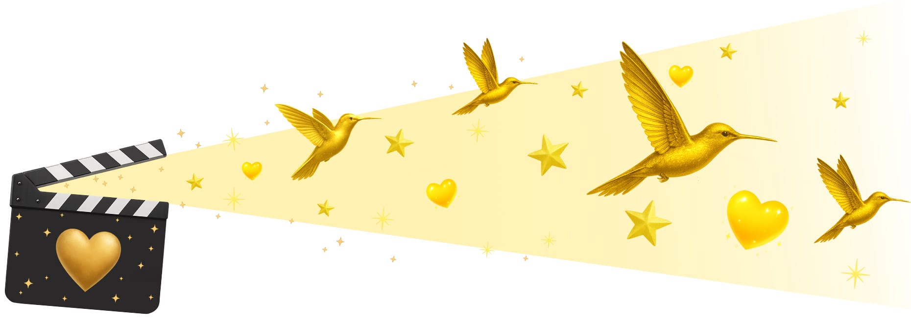 Claqueta con un corazón dentro está proyectando luz con estrellas, corazones y colibrís dorados.