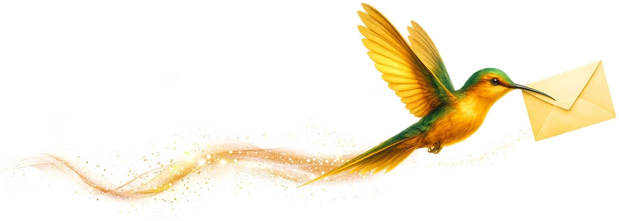 Un colibrí llevando un sobre y dejando un polvo mágico tras su vuelo.