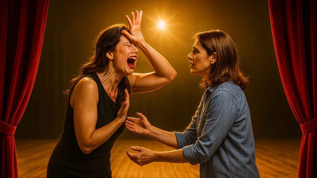 Dos mujeres actuando en un escenario de teatro. Una de ellas está dramatizando mientras la otra intenta consolarle.