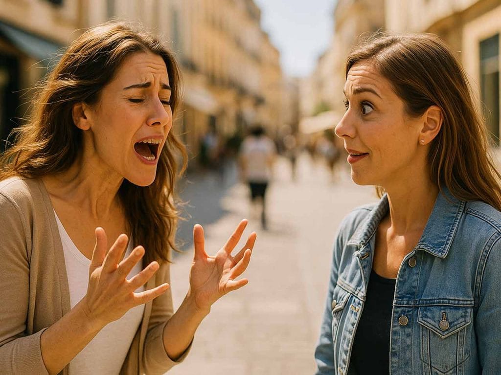 Dos mujeres hablando en la calle. Una de ellas está dramatizando y la otra mujer le escucha con cara de sorpresa por ver lo exagerada que es.
