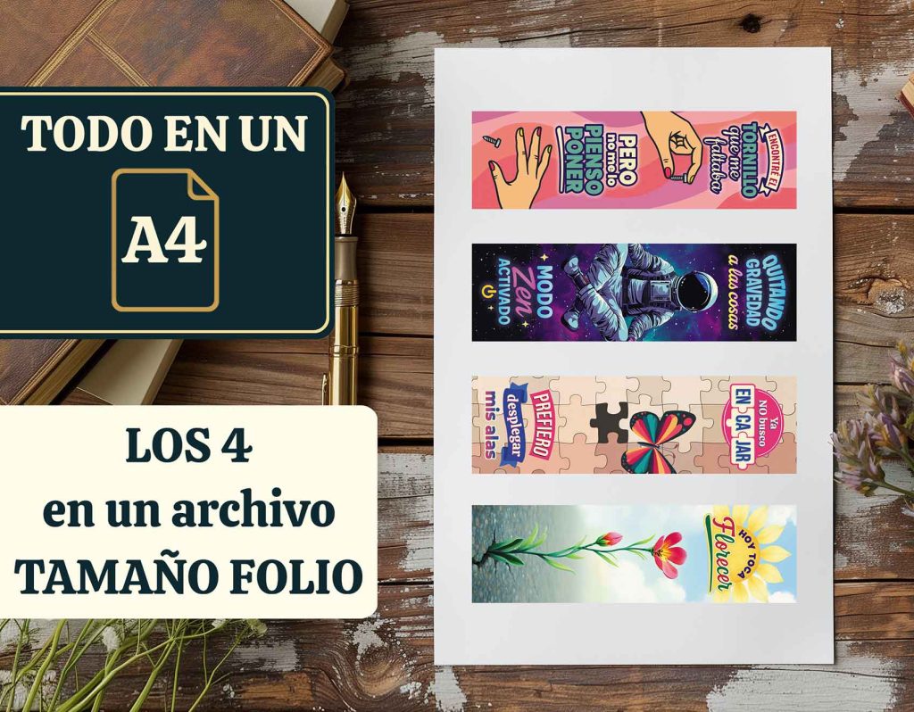 A4 con los 4 marcapáginas sobre una mesa de escritorio y un texto que pone "Todo en un A4. Los 4 en un archivo tamaño folio".
