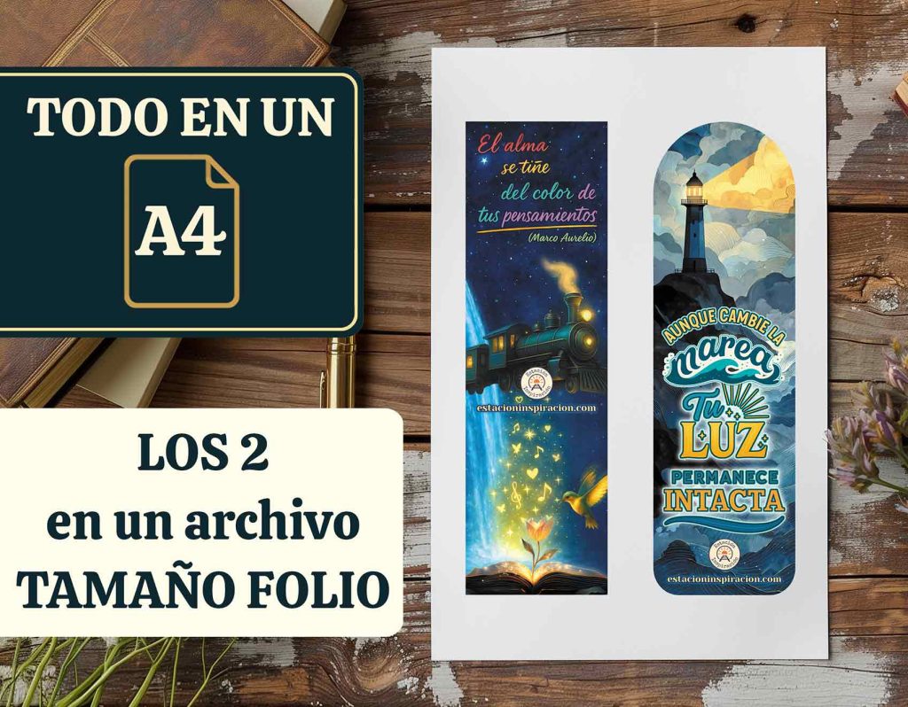 A4 con los 2 marcapáginas sobre una mesa de escritorio y un texto que pone "Todo en un A4. Los 2 en un archivo tamaño folio".