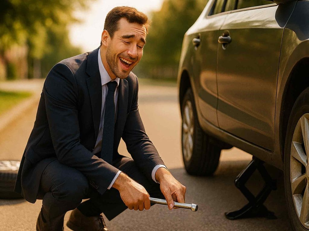 Hombre cantando feliz mientras cambia la rueda pinchada de su coche