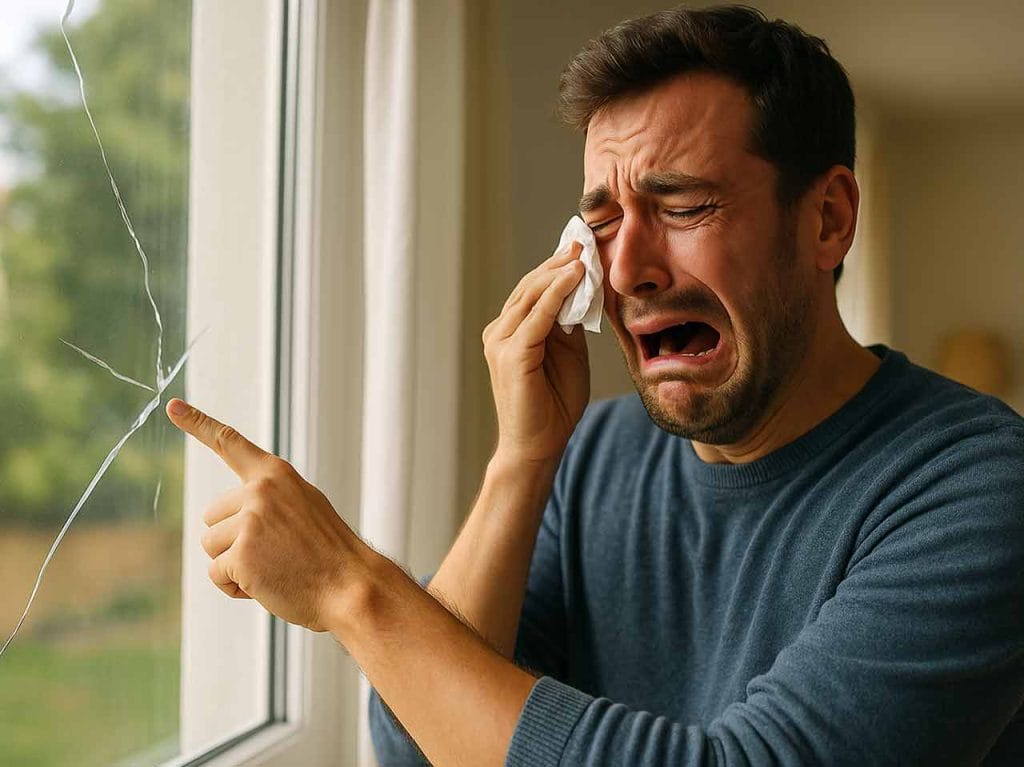 Hombre llorando porque tiene una grieta en su ventana.