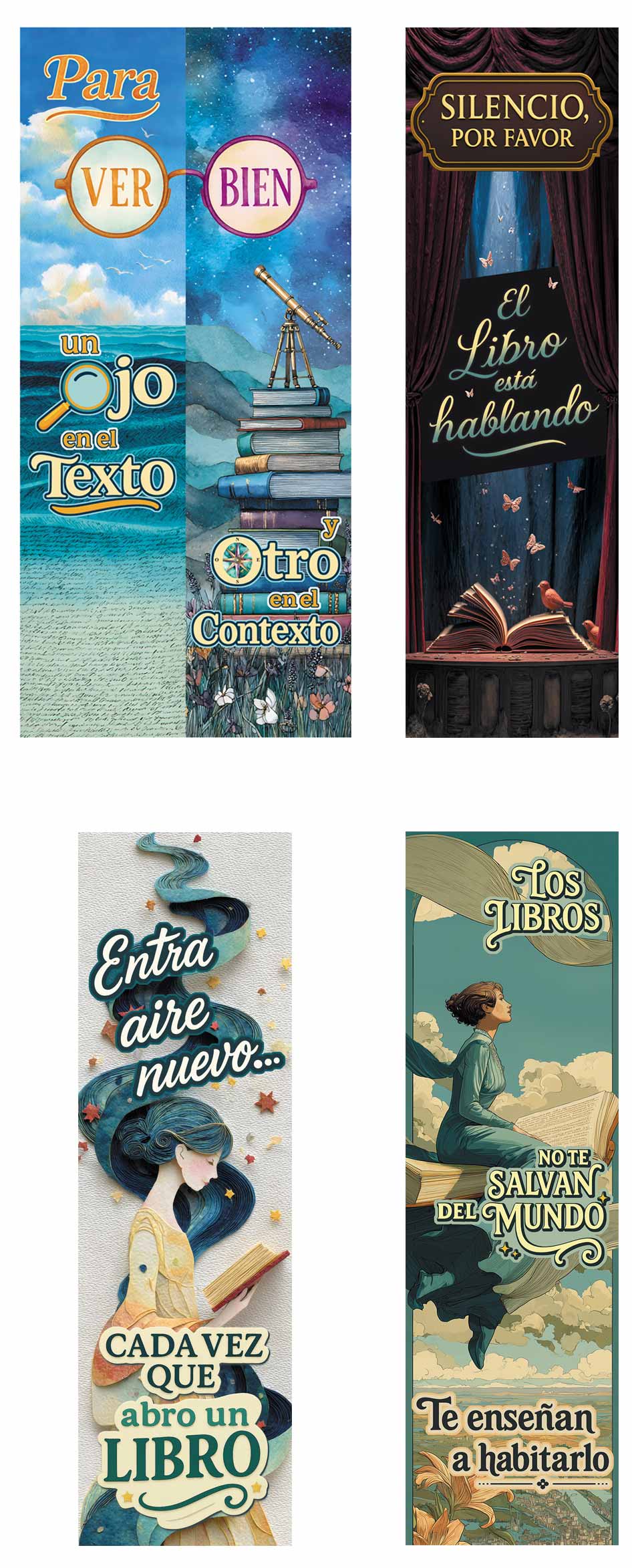 4 marcapáginas a color con diferentes diseños para amantes de la lectura