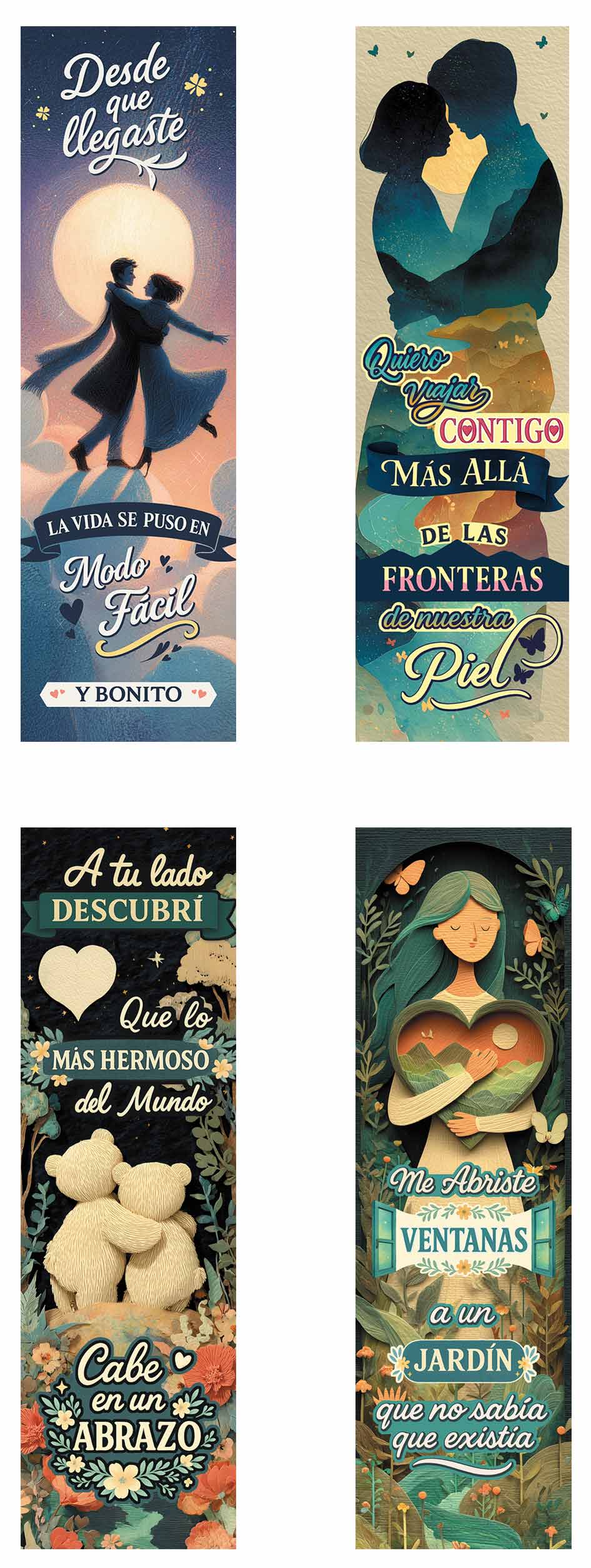 4 marcapáginas de amor a color con diferentes diseños