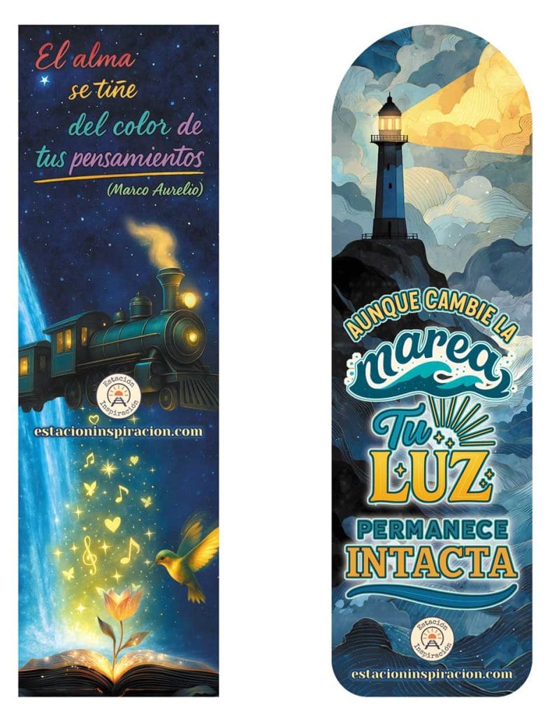 Dos marcapáginas con dos citas inspiradoras y en cada uno de ellos de fondo tiene una ilustración. Están acompañados del logotipo y la web de estacioninspiracion.com