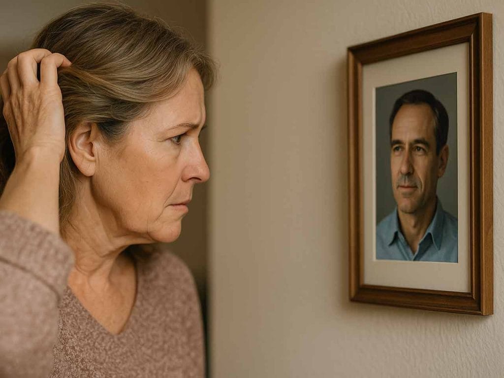 Mujer mirando un retrato intentando recordar quién es el de la foto
