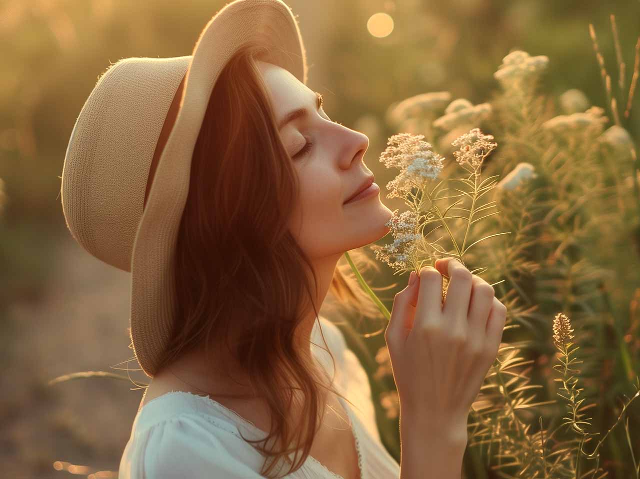 Mujer disfrutando del aroma de una flor silvestre en el campo