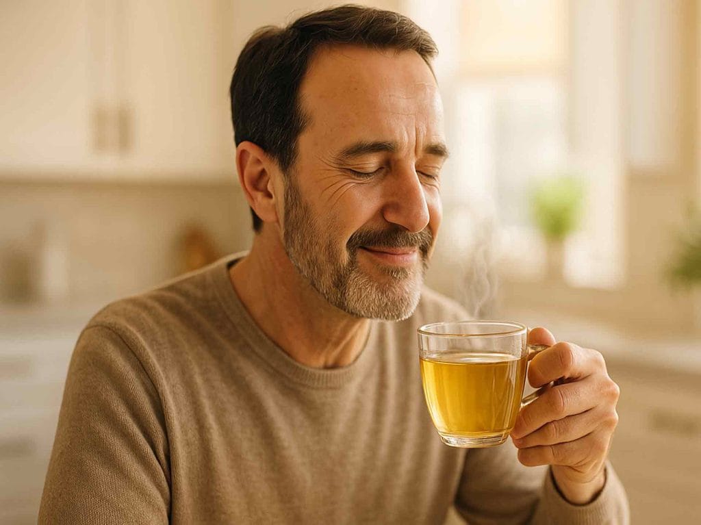 Hombre disfrutando de una taza de infusión saludable