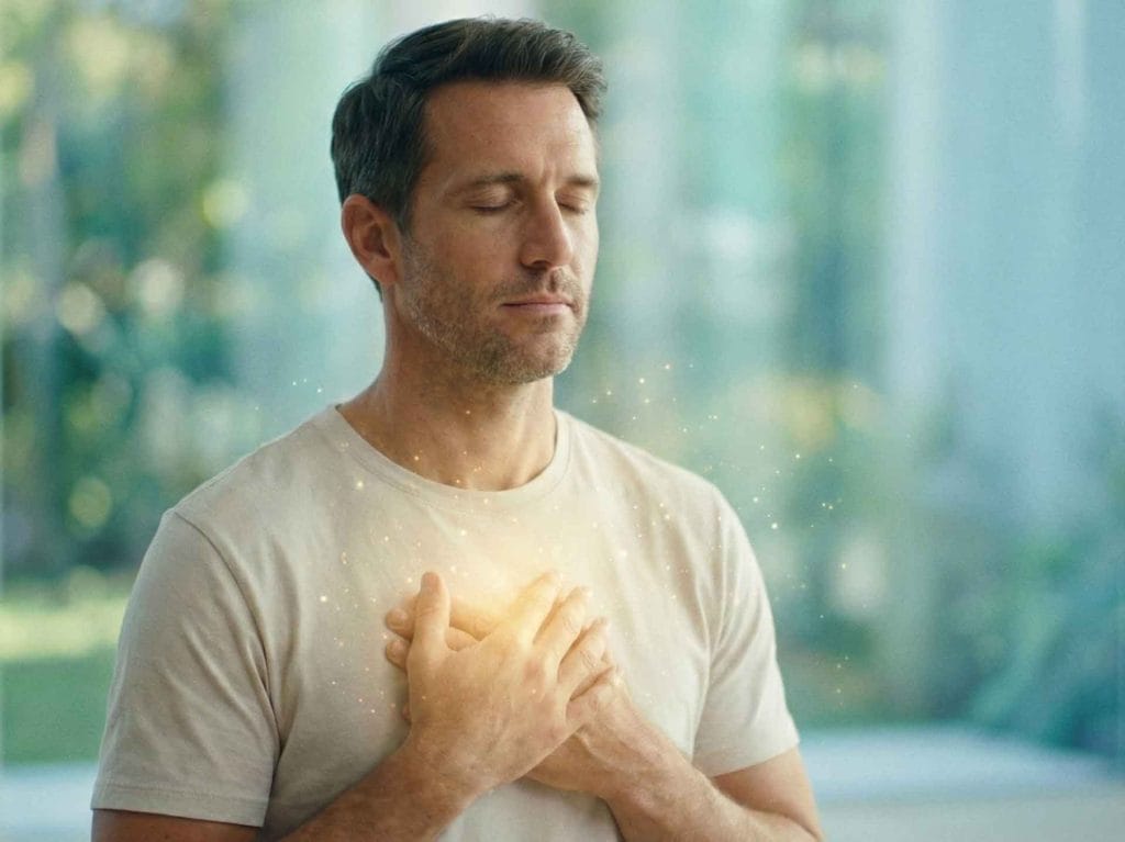 Hombre disfrutando de un momento agradable con las manos en el pecho