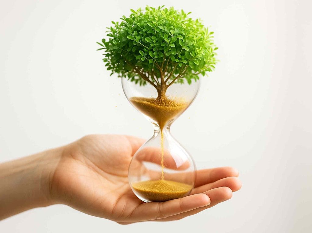 Mano que sostiene un reloj de arena. Encima del reloj crece un arbusto