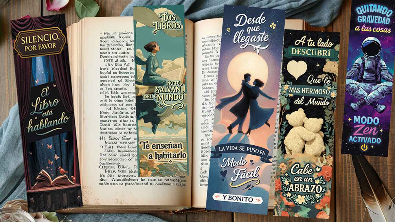 5 marcapáginas ilustrados sobre un libro y una mesa de escritorio