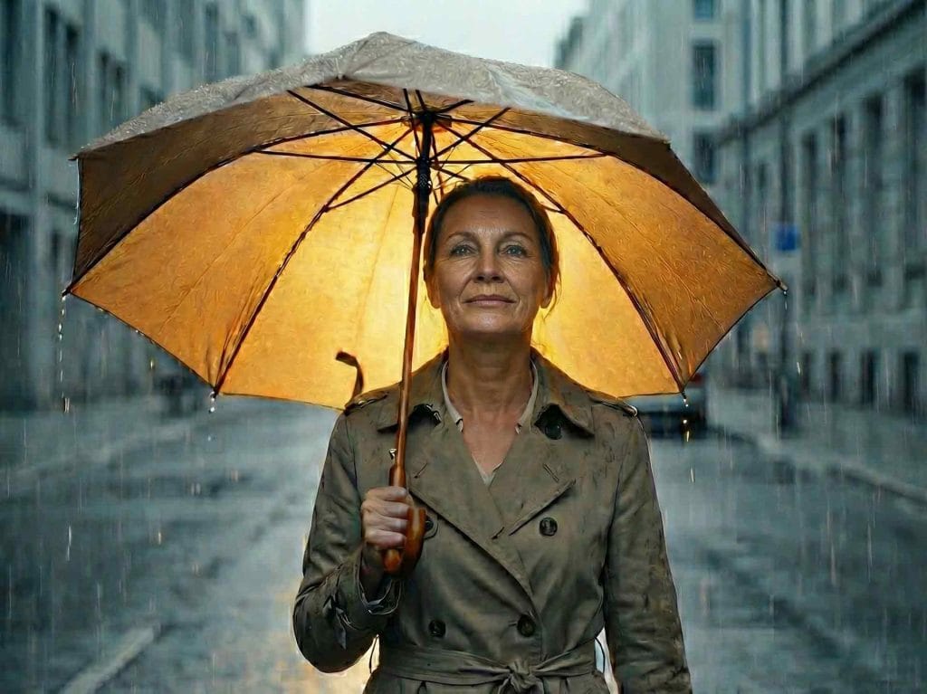 Mujer cobijada con su paraguas dorado que brilla sobre una calle gris y lluviosa