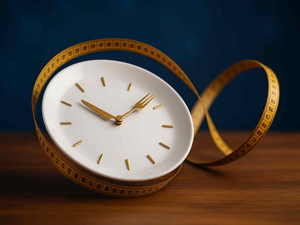 Reloj que a su vez es un plato para comer y cuyas agujas de reloj consisten en un tenedor y un cuchillo.  Una cinta métrica lo rodea