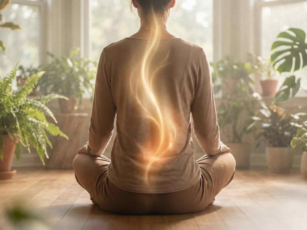 Mujer de espaldas y se ve se un destello de su columna mientras activa el nervio vago