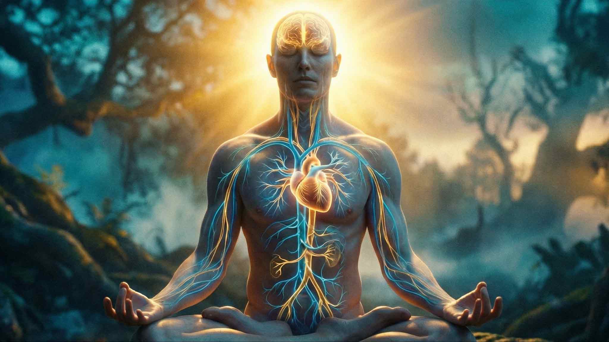 Hombre sentado activando el nervio vago en su cuerpo mientras medita.