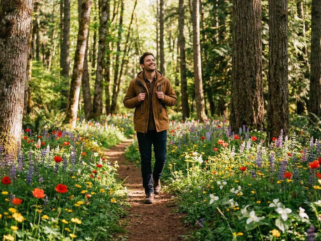 Hombre paseando por un camino en un bosque florido