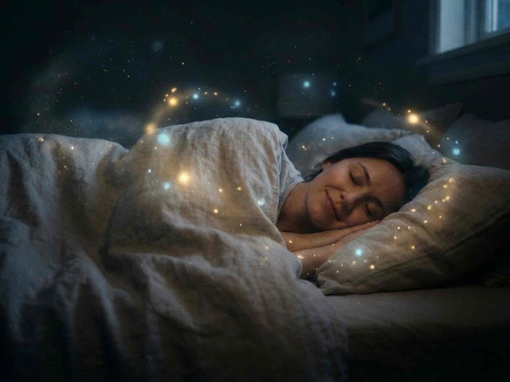 Mujer feliz durmiendo con destellos mágicos que le envuelven