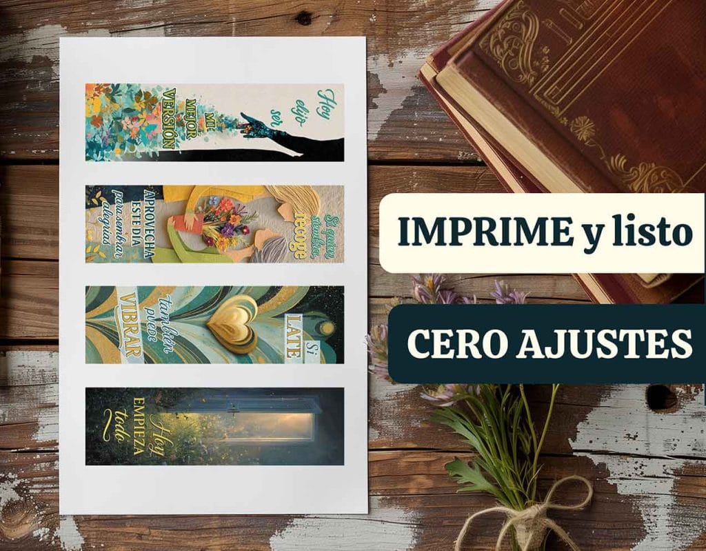 A4 con los 4 marcapáginas sobre una mesa de escritorio y un texto que pone "Imprime y listo. Cero ajustes".